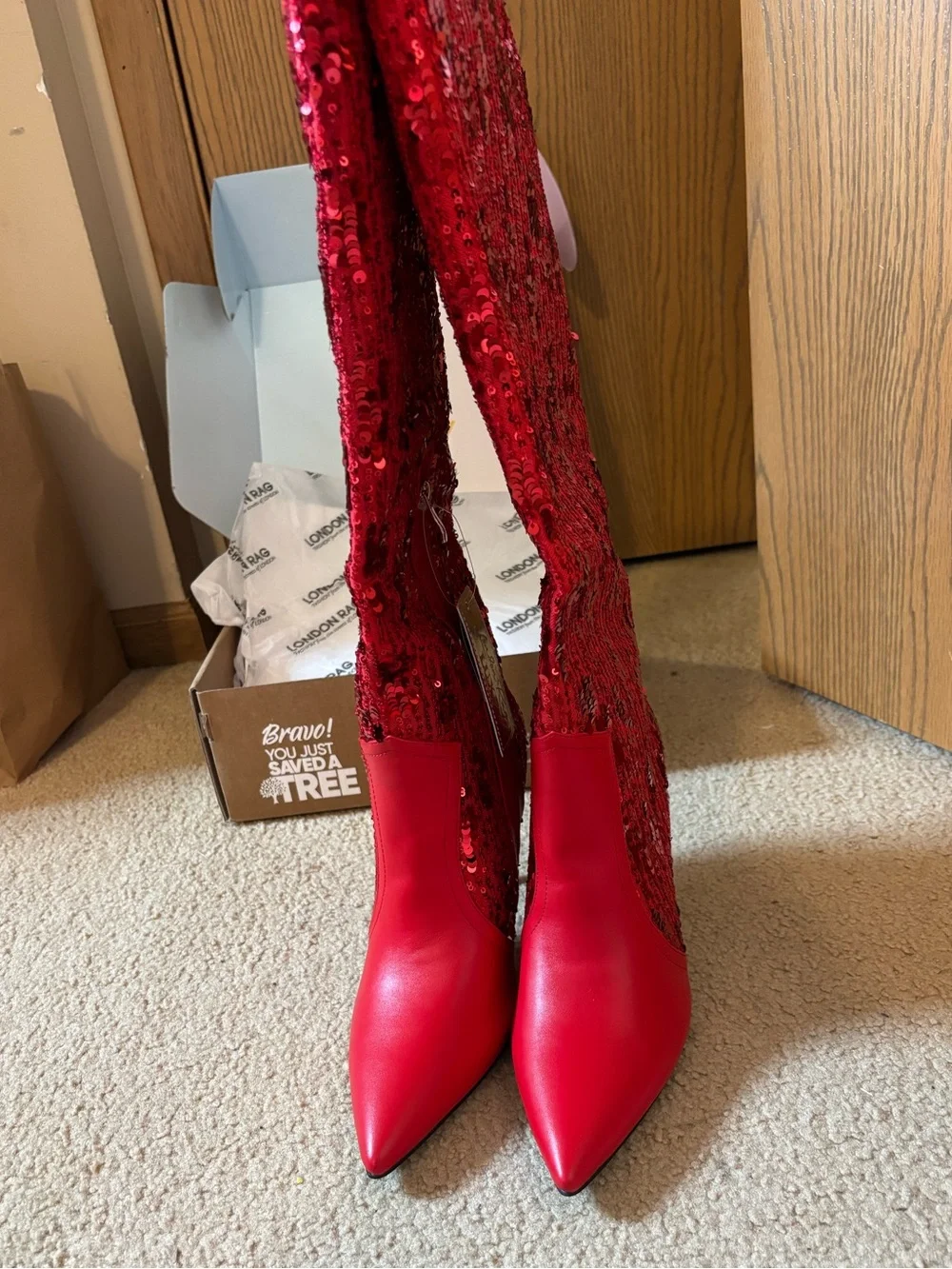 Red Sequin Over-the-Knee Stiletto Boots